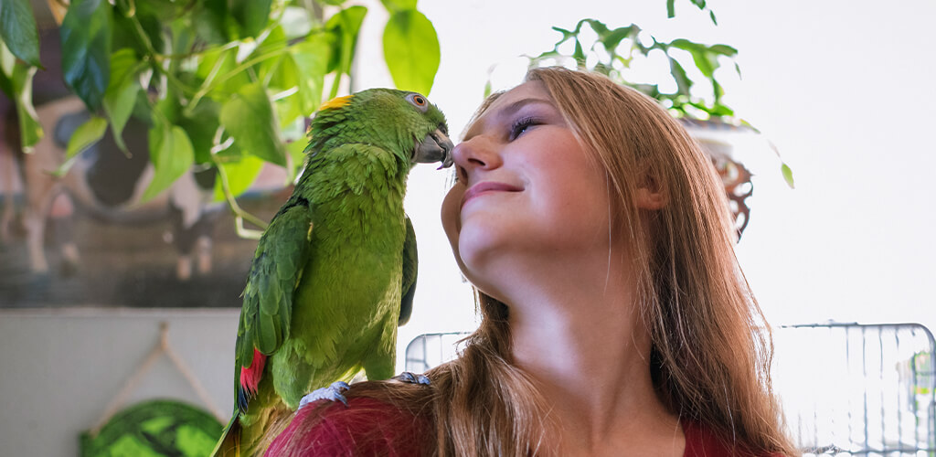 A bird on a woman's shoulder