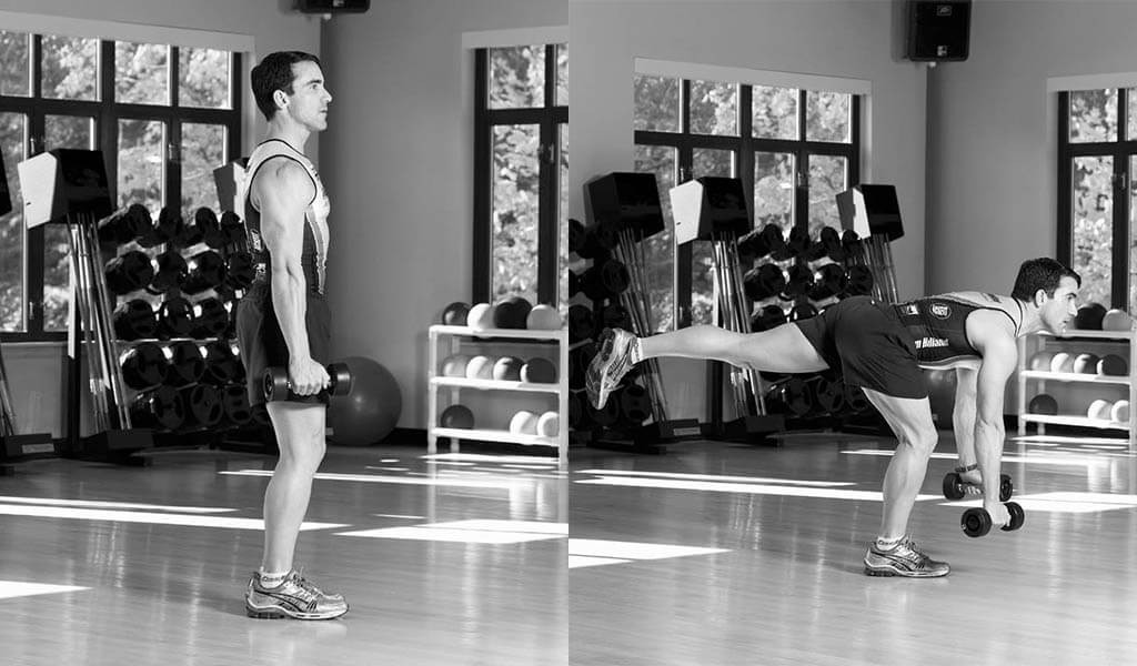 Tom Holland performing a dumbbell single-leg- deadlift