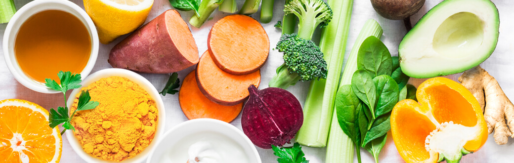 Bright, colorful foods on a table.