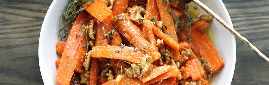 serving dish of Lemon, Agave, and Ginger Roasted Carrots