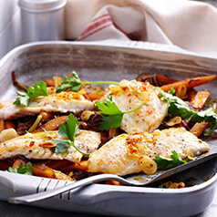 Cooked chicken and vegetables on a plate.