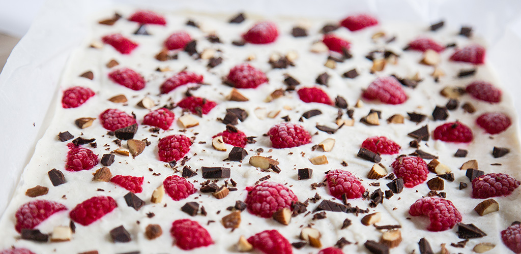 Pieces of frozen yogurt bark.