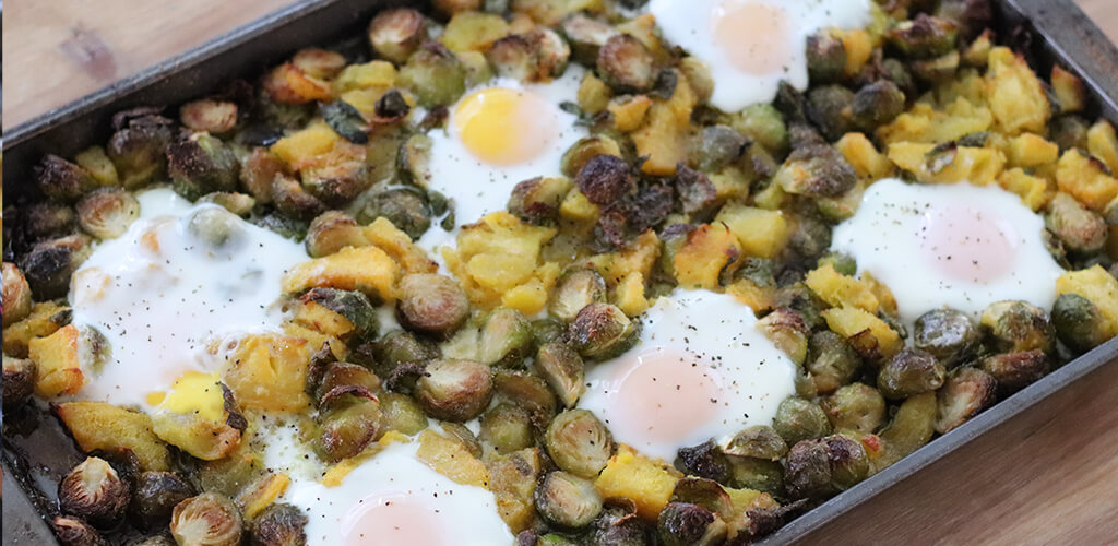 roasted pumpkin and Brussles sprouts topped with eggs