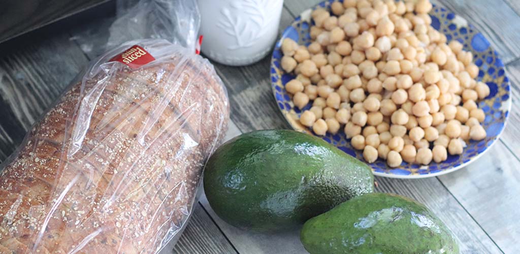 Bread, avocado, and chickpeas.