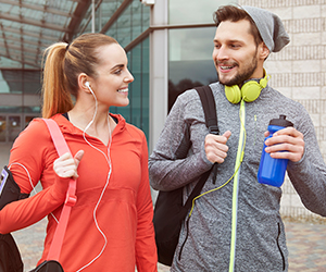 Two people in athleisure wear.